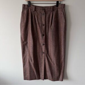 Vintage Midi Skirt Sz 14 Tweed Brown Button Front 70s 80s Academia Country Style